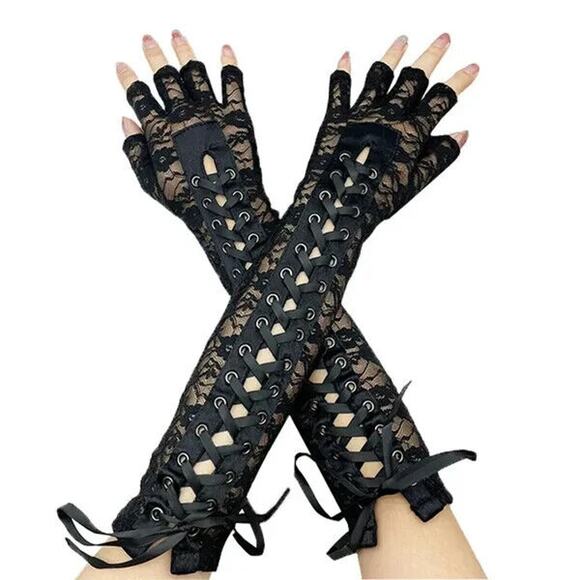COPY - Long Fingerless Lace Gloves Corset Ties Gothcore Rock Dark Glam Cosplay … - Picture 1 of 3